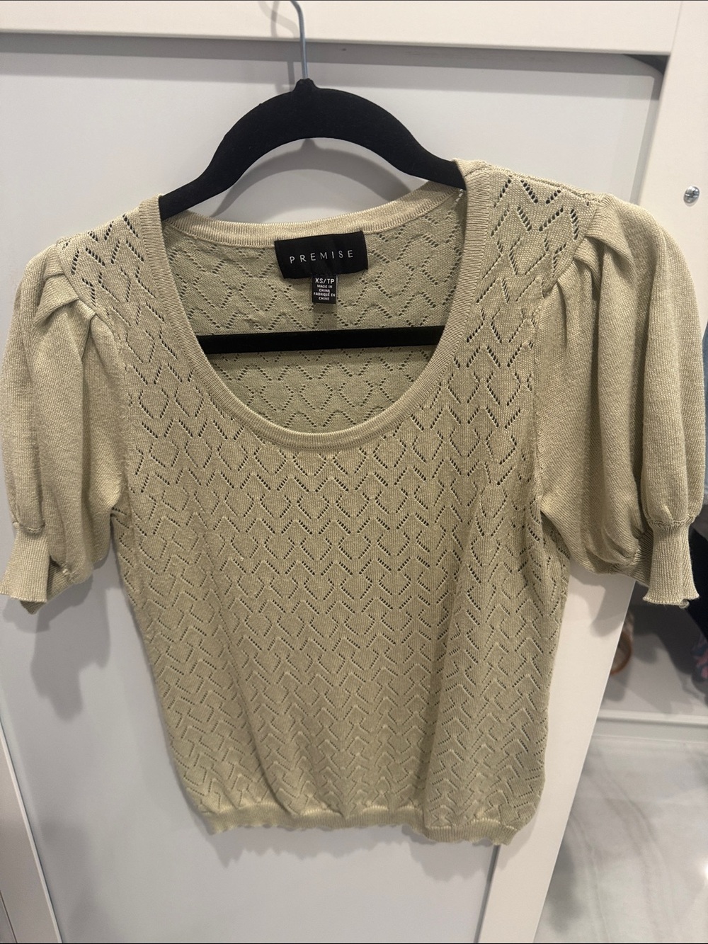 Premise Light Olive Short Sleeve Knit Top with Puff Sleeves